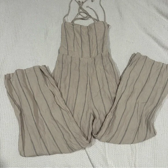 Reformation 100% Linen Elm Jager Jumpsuit size 8 striped blue jumpsuit open back - Picture 6 of 11